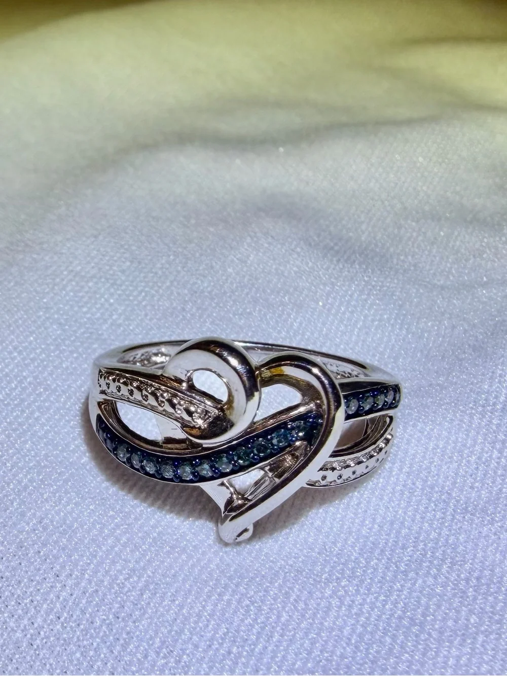 14K White Gold/925 Sterling Silver Heart Ring Blue and White Natural Diamonds